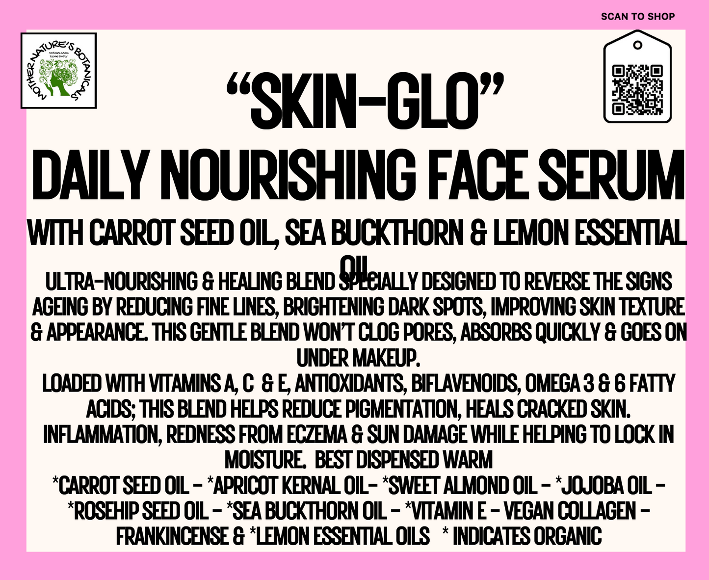 "FACE" "SKIN-GLO" Daily Nourishing Face Serum with Carrot Seed & Sea Buckthorn Oil