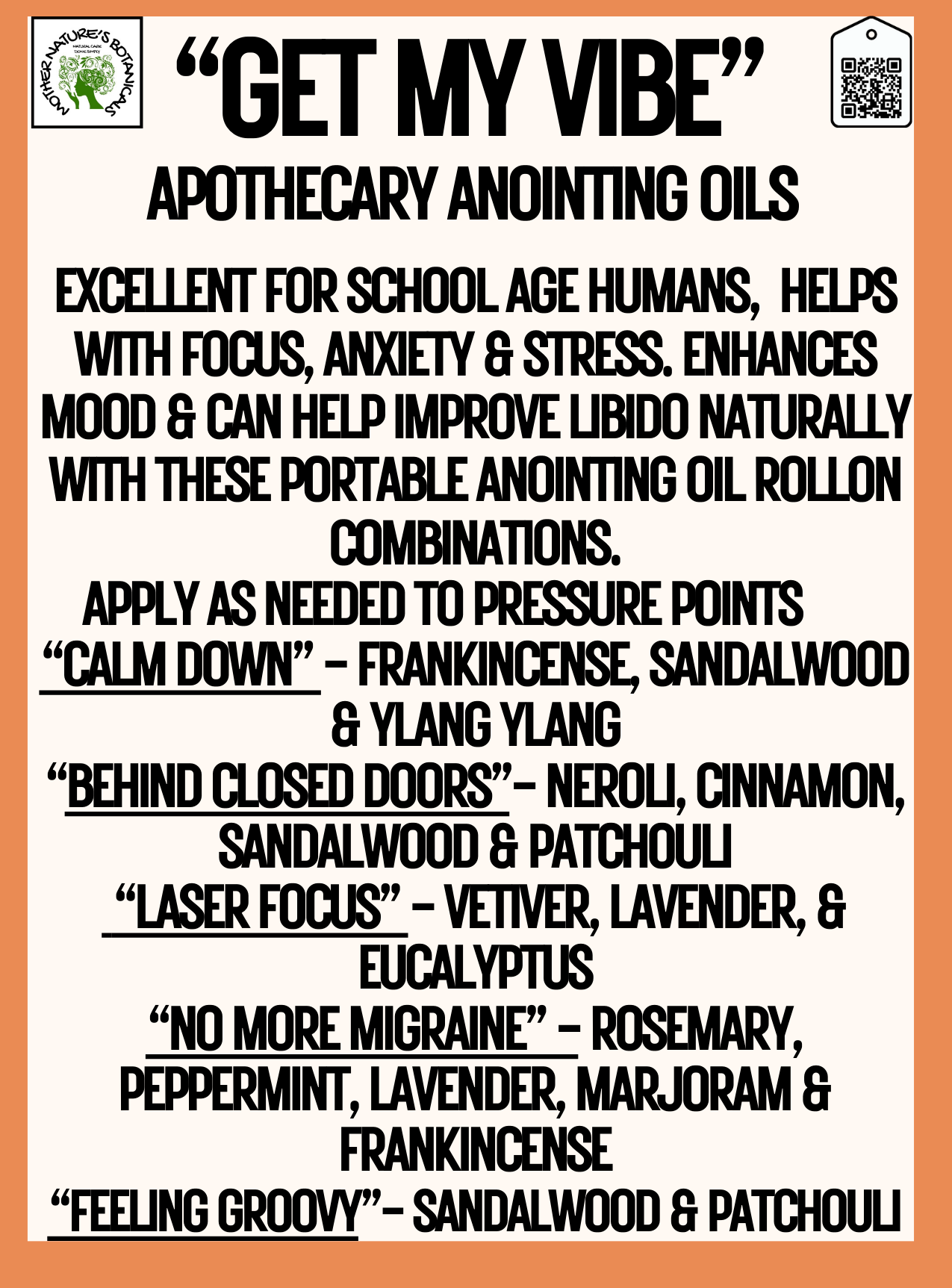 "Get My Vibes" "CALM DOWN," "LASER FOCUS," MIGRAINE RELIEF and more.. Anointing Oils