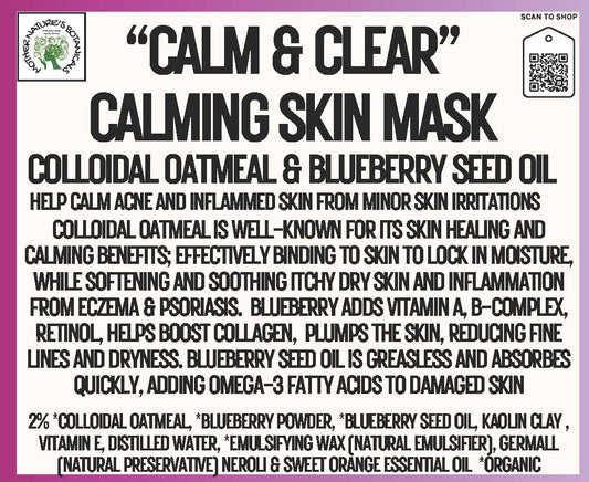 "Calm & Clear" skin mask with 2% Colloidal Oatmeal & Blueberry (Calms eczema, psoriasis, dry skin, inflammation  & Redness)