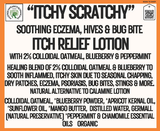 "ITCHY SCRATCHY" SOOTHING ITCH RELIEF LOTION WITH 2% Colloidal Oatmeal & Blueberry (Calms inflammation from psoriasis, dry skin, bug bites & eczema)